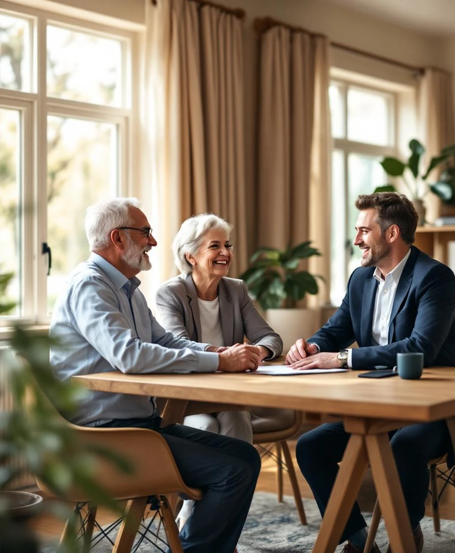 Mortgage advisor reviewing reverse mortgage calculator output with senior homeowner