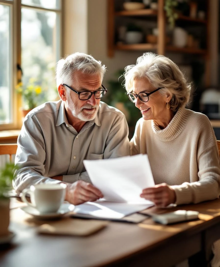 Senior couple comparing HECM and HELOC options at their kitchen table